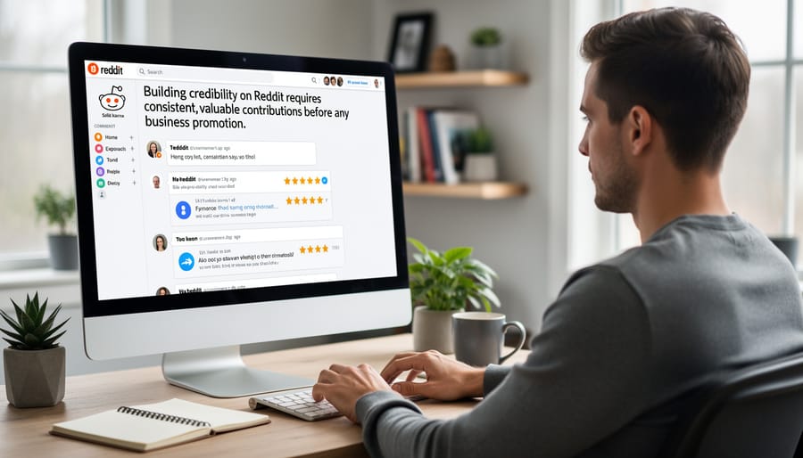 Small business owner working on laptop creating valuable content for community engagement