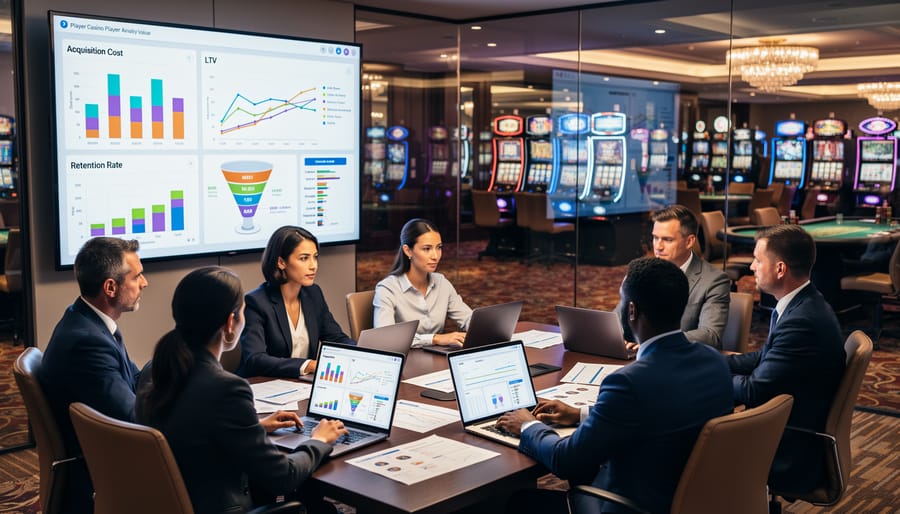 Overhead view of marketing analytics workspace with reports, devices, and performance data