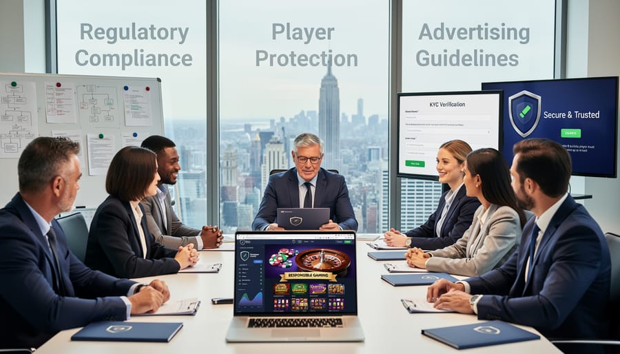 Laptop displaying casino website surrounded by compliance documents and security certificates on office desk