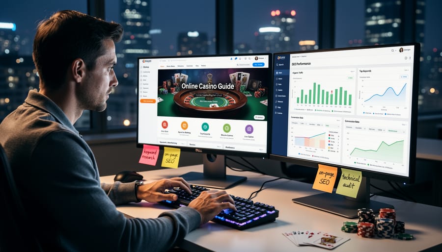 Person working on SEO strategy with multiple browser windows and analytics visible on computer screen