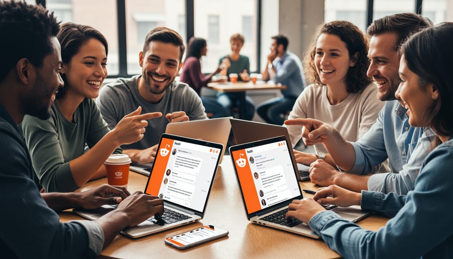Group of people engaged in genuine conversation in casual coffee shop setting