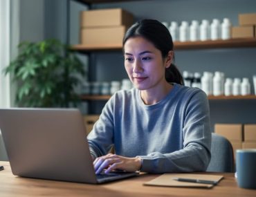 Small business owner typing on a laptop at a neat studio desk with soft window light, sharp focus on hands and face, and blurred shelves of products, packing boxes, and a plant in the background; laptop screen content is intentionally indistinct with no readable text.