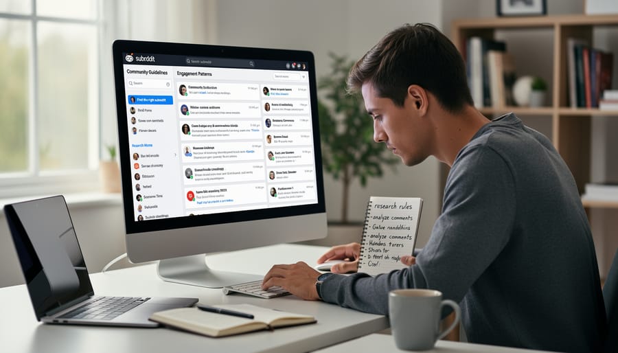Person researching subreddits on smartphone with multiple community tabs open