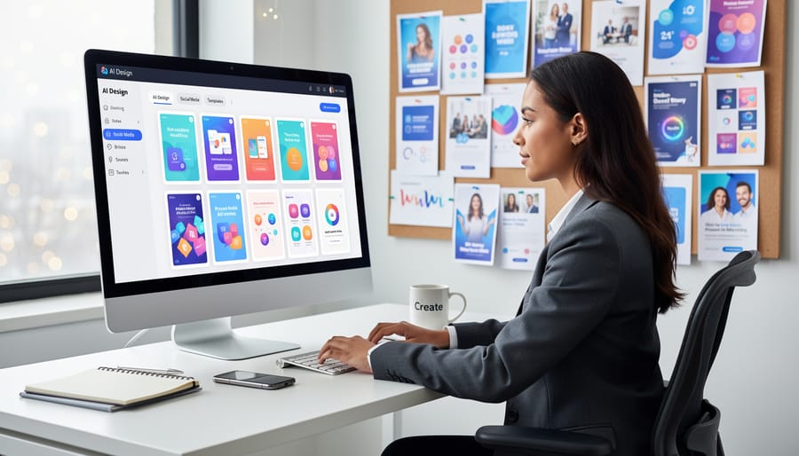 Designer using digital tablet to create marketing graphics with AI-assisted tools