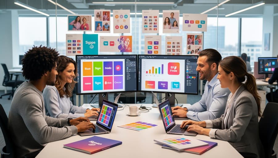 Marketing professional working with visual content creation tools at modern office workspace