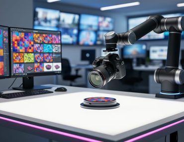 Robotic arm and DSLR camera photographing a product on a light table with two monitors showing colorful images, in a modern office with soft studio lighting and blurred screens in the background.