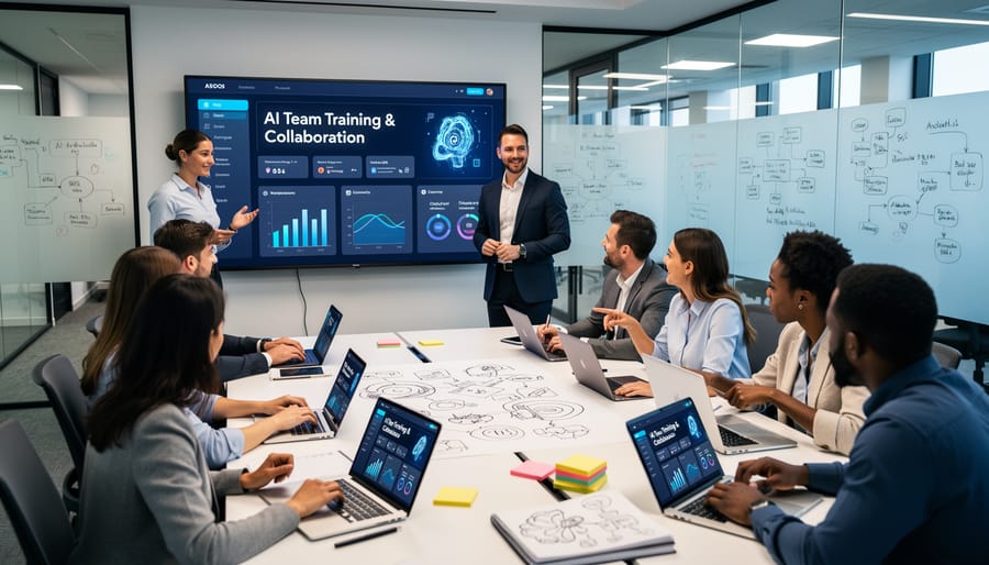 Marketing team collaborating on visual content strategy in modern office setting