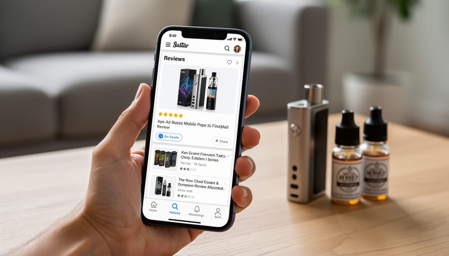 Person reading vape product reviews on smartphone in casual setting