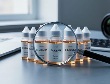 Row of unbranded vape e-liquid bottles and a magnifying glass on a clean desk, with a closed laptop and camera lens softly blurred in the background under diffused daylight