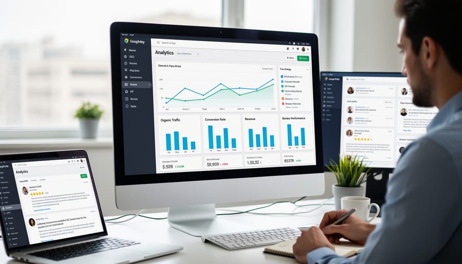 Marketing workspace showing analytics tools and vape product review materials