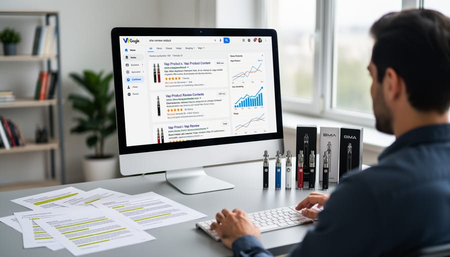 Person researching vape product reviews on laptop with search results visible