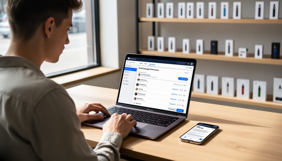 Person managing email marketing campaign on laptop with smartphone showing newsletter