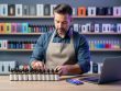 Vape shop owner at a store counter organizing unbranded e-liquid bottles next to a laptop and phone, with softly blurred shelves of vaping products in the background under cool, modern lighting