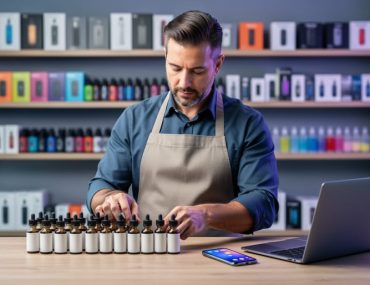 Vape shop owner at a store counter organizing unbranded e-liquid bottles next to a laptop and phone, with softly blurred shelves of vaping products in the background under cool, modern lighting