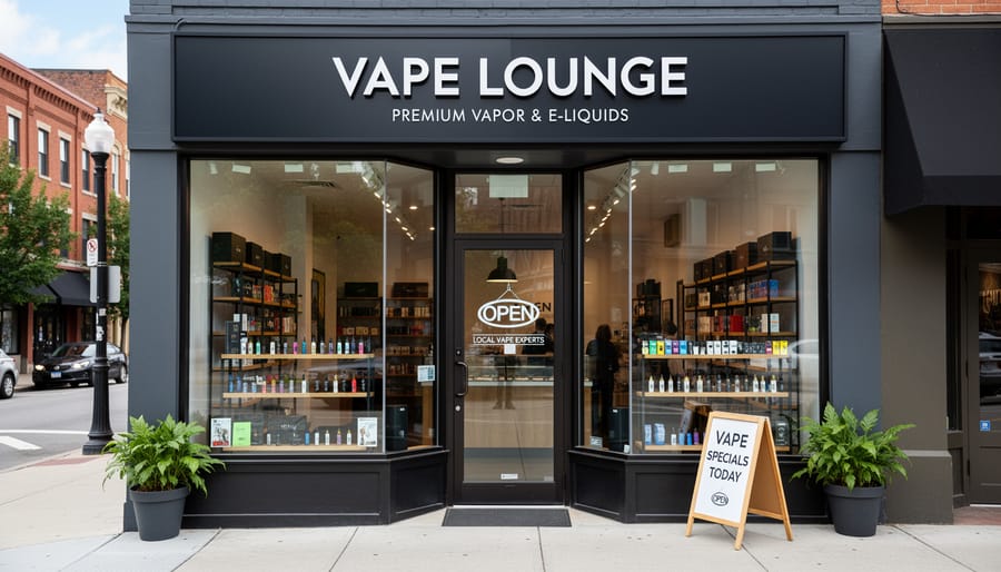 Modern vape shop storefront with large windows in urban shopping district