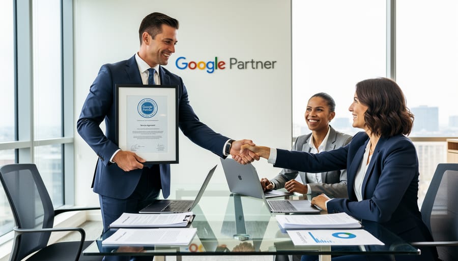 Business professionals shaking hands across conference table in modern office setting