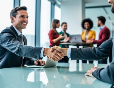 Close-up handshake between agency leader and client at a conference table, with a diverse marketing team collaborating in a bright, modern open-plan office in the background; no visible text, charts, or screens.