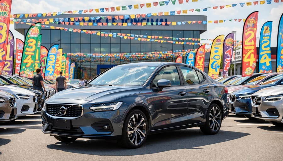 Glossy black sedan in a busy dealership lot with distracting background elements softly blurred behind it