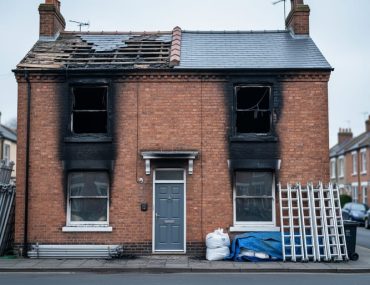 Street-level view of a fire-damaged UK terraced house exterior with soot-stained brickwork and repaired roof sections under natural daylight.