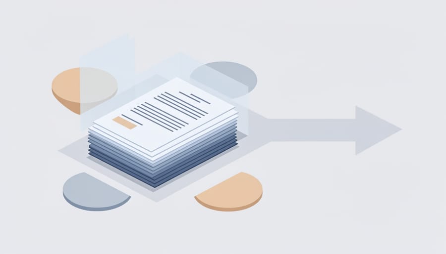 Overhead view of a neatly arranged set of property disclosure documents on a table in a clean office