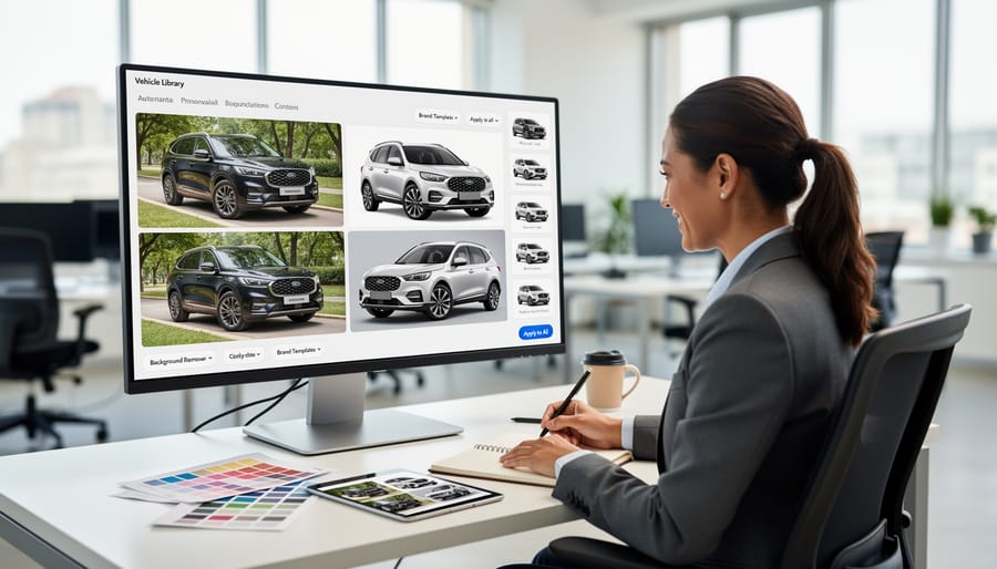 Automotive marketer reviewing a polished car photo on a tablet in a modern office