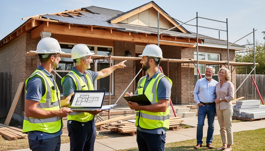 Renovation professionals in PPE at the exterior of a fire-damaged UK property with tape measure and clipboard