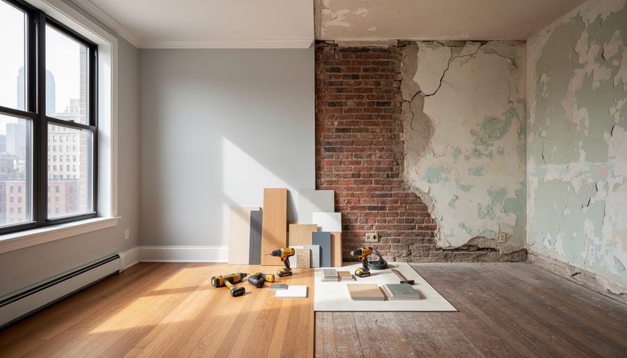 Empty fire-damaged room prepared for renovation with protective sheeting and new materials near the window