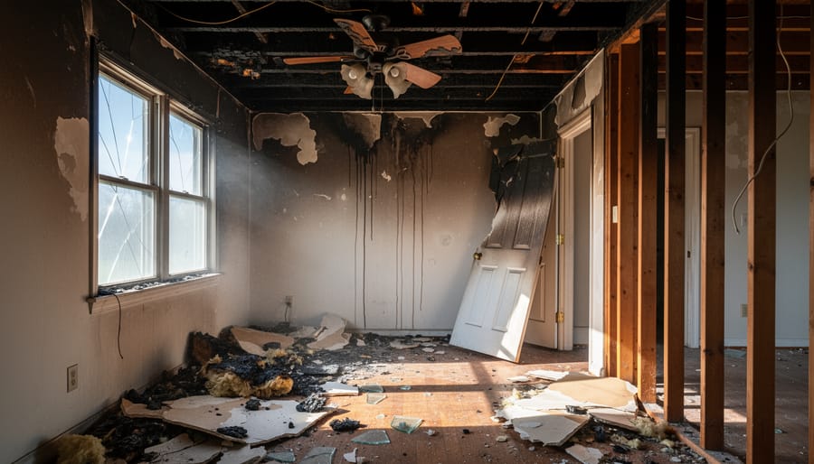 Wide view of a UK house interior showing fire damage on ceilings and smoke-stained walls