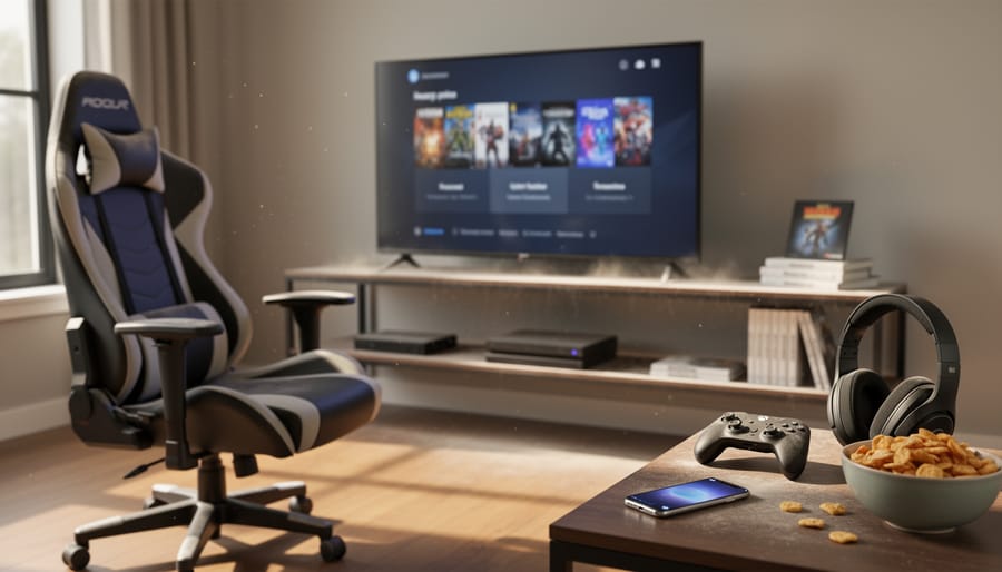 A game controller and opened game case on a couch arm with a softly glowing TV in the background