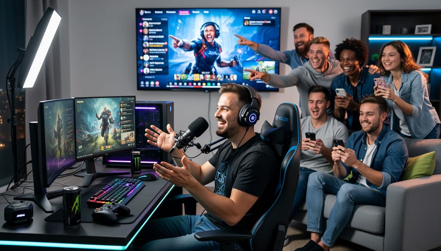 A group of gamers huddled around devices, sharing live reactions together with glowing lights in the background