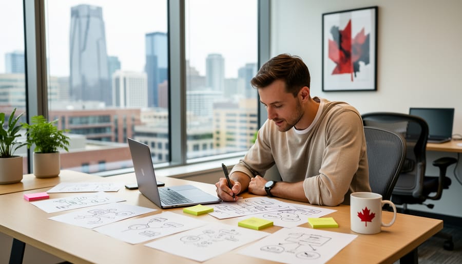 Business owner reviewing marketing notes and sketches at a desk with laptop glow and blank page.