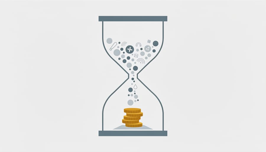 Glass hourglass funnel with golden coins falling toward a bright tray, symbolizing budget turning into leads.