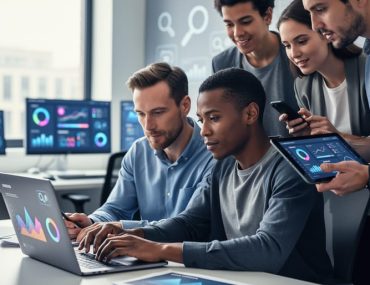 “Marketing team collaborating at desks with laptops and mobile devices, representing integrated SEO and SEM services in 2026.”