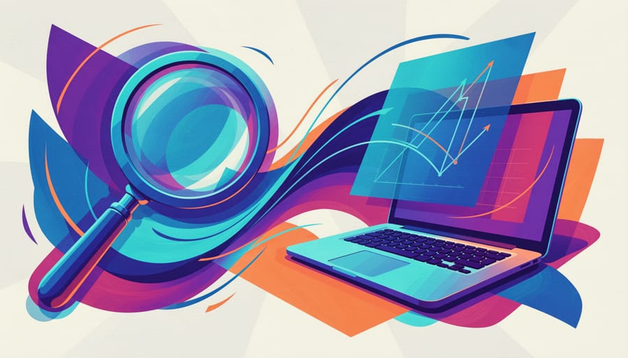 Magnifying glass and laptop on a desk representing careful SEO evaluation.