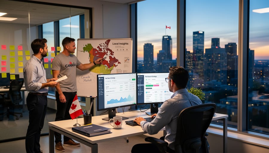 Marketing professional silhouetted at an office desk looking toward a Canadian city skyline at dusk.