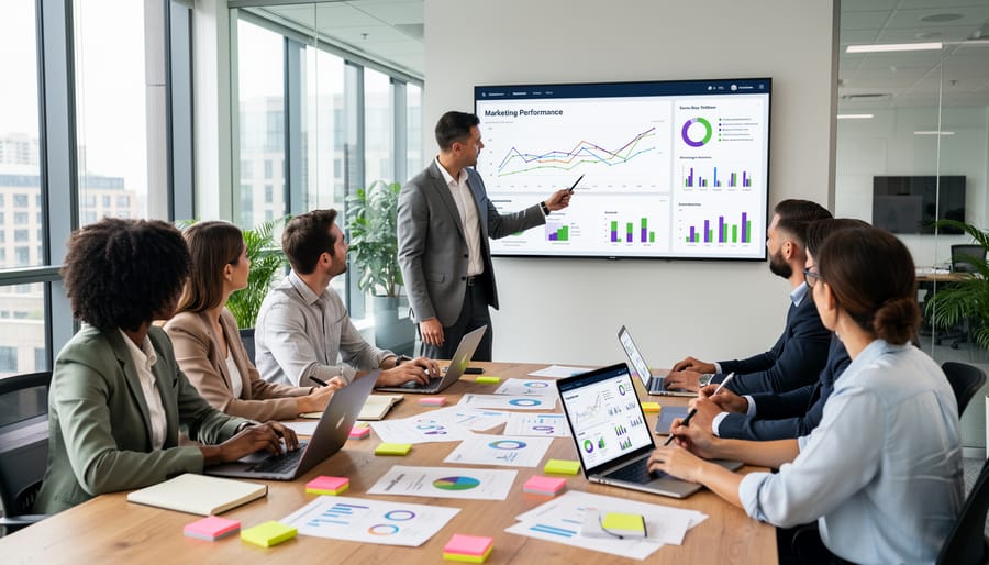 Marketing team reviewing strategy materials in a modern office with a wall display in the background
