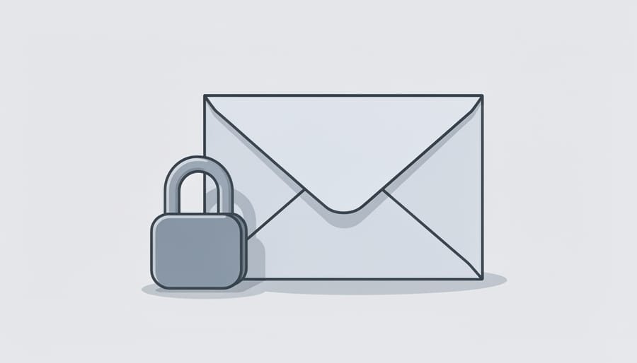Metal lock and closed envelope on a desk next to a tablet with screen facing away, symbolizing secure marketing practices