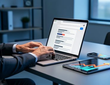 Marketing strategist using a laptop and mobile devices in a modern office, representing paid search campaign optimization and conversion-focused performance.