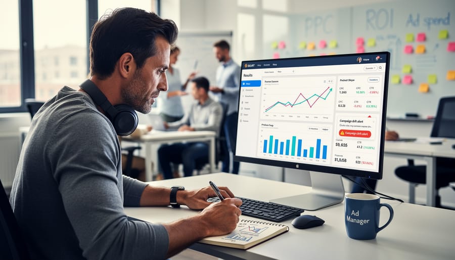 Person reviewing paid search marketing performance on a laptop in an office.