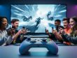 A gaming studio with a prominent controller in the foreground while diverse creators use smartphones to record gameplay reactions around a large screen, representing influencer-driven community marketing.