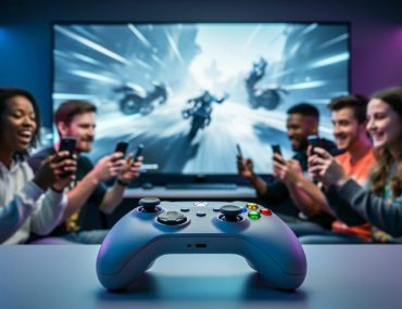 A gaming studio with a prominent controller in the foreground while diverse creators use smartphones to record gameplay reactions around a large screen, representing influencer-driven community marketing.