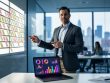 “Marketing consultant in a modern office reviewing abstract analytics on a laptop while pointing toward a glowing wall of visual planning elements.”