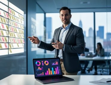“Marketing consultant in a modern office reviewing abstract analytics on a laptop while pointing toward a glowing wall of visual planning elements.”