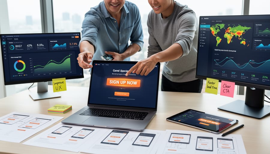 Tablet and smartphone on a desk next to blank paper and a cup of coffee, representing landing page optimization focus.
