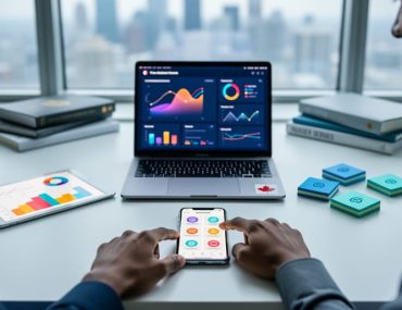 Marketing team collaborating at a desk with a laptop analytics screen and mobile device, suggesting data-informed experimentation for unique marketing techniques.