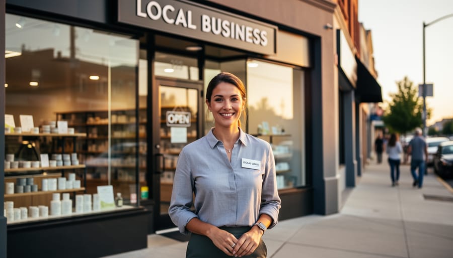 Curated set of storefront photos and camera gear arranged on a desk for business profile optimization
