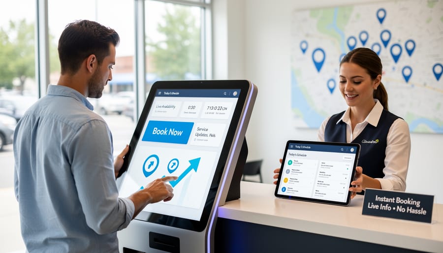 Reception counter with staff member using a tablet to manage bookings inside a local business
