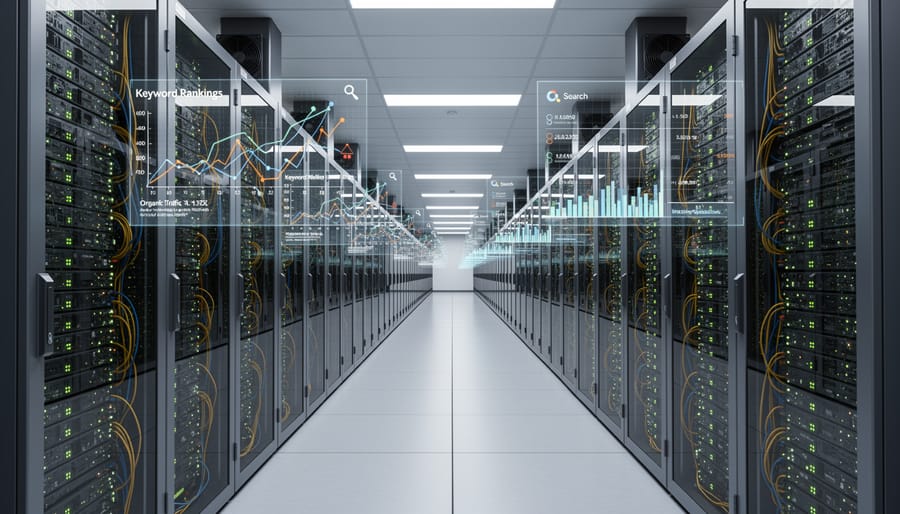 Technician in a data center aisle between rows of server racks