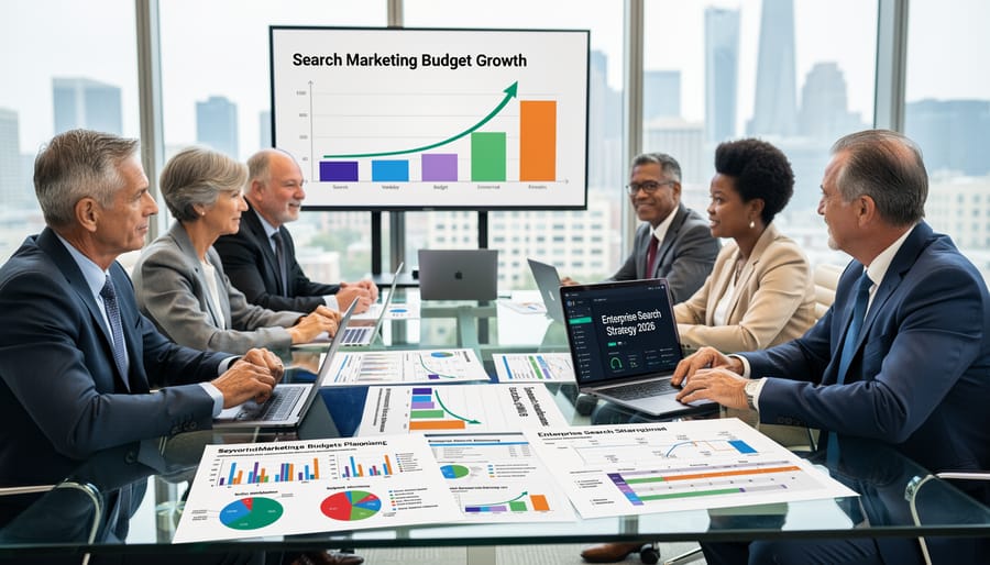 Marketing team discussing enterprise search marketing strategy in a corporate boardroom with laptops and briefs