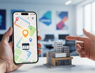 Smartphone displaying a non-text local location pin over a storefront silhouette, symbolizing Google Business Profile’s role in local SEO visibility.